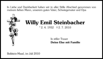 Traueranzeige von Willy Emil Steinbacher 