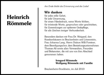 Traueranzeige von Heinrich Römmele 