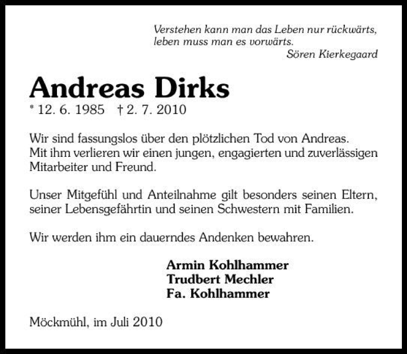  Traueranzeige für Andreas Dirks vom 08.07.2010 aus 