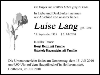 Traueranzeige von Luise Lang 