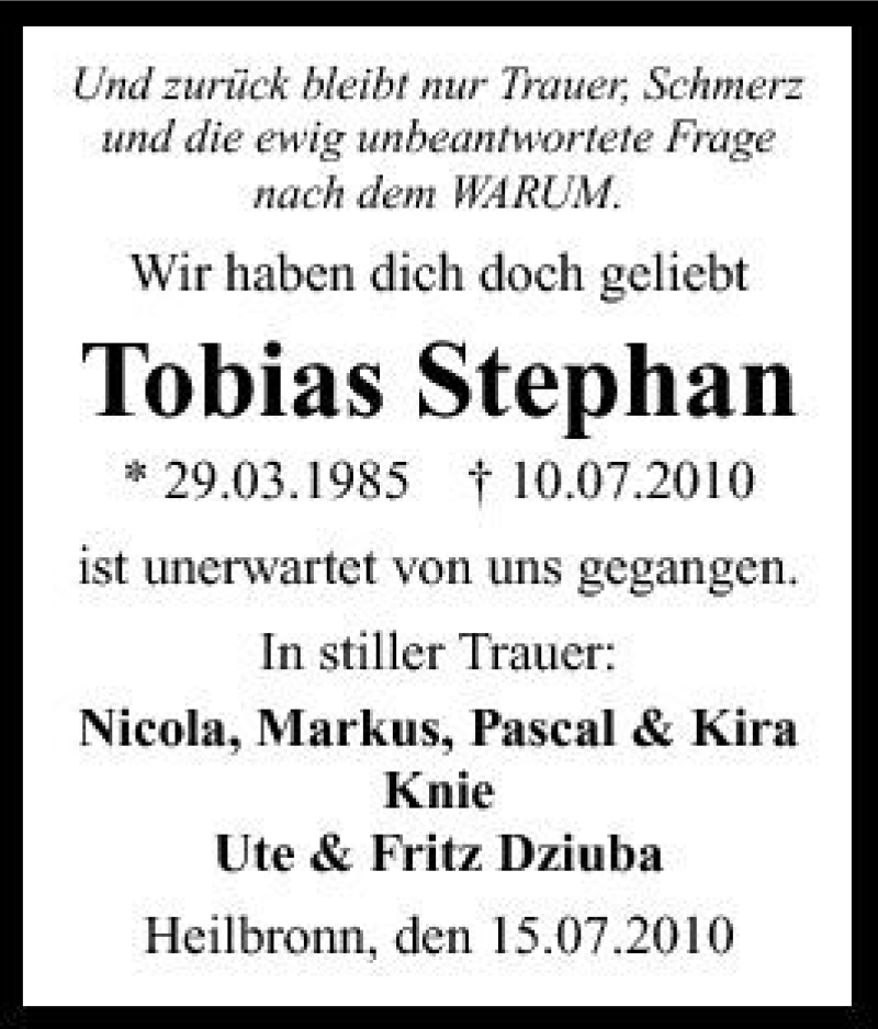  Traueranzeige für Tobias Stephan vom 17.07.2010 aus 