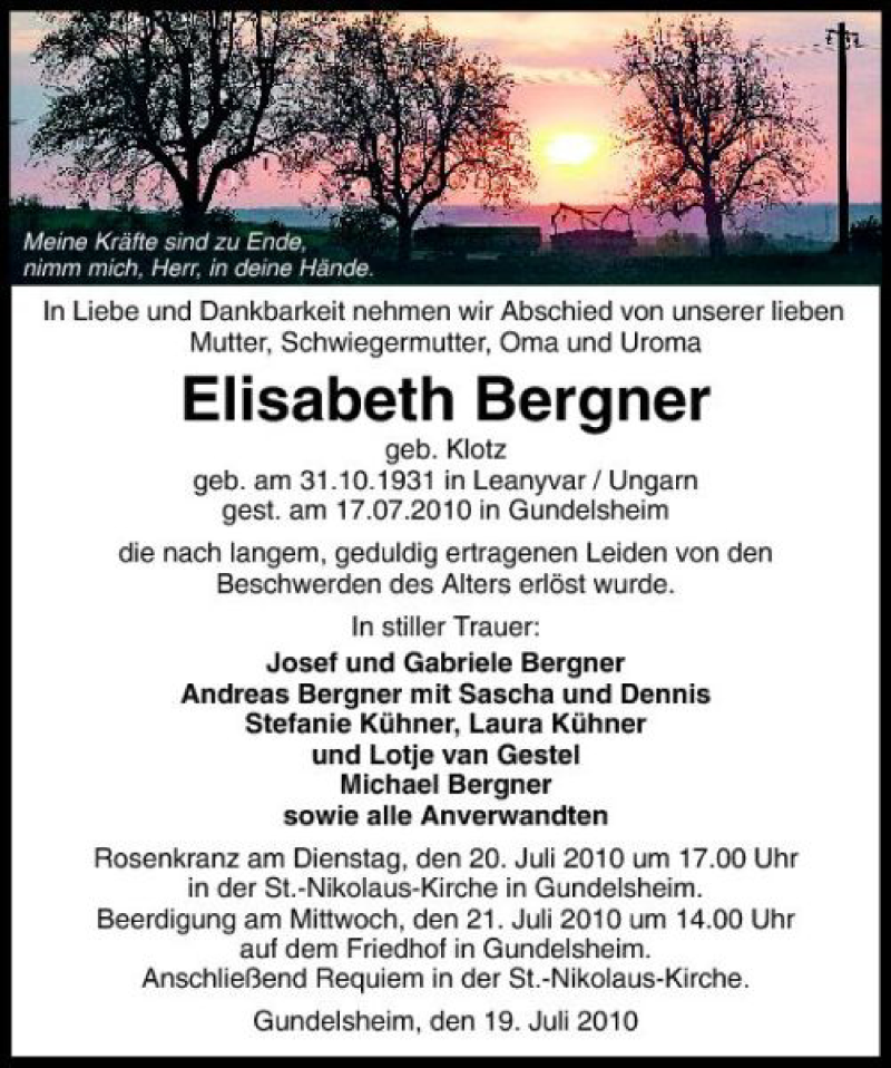  Traueranzeige für Elisabeth Bergner vom 20.07.2010 aus 