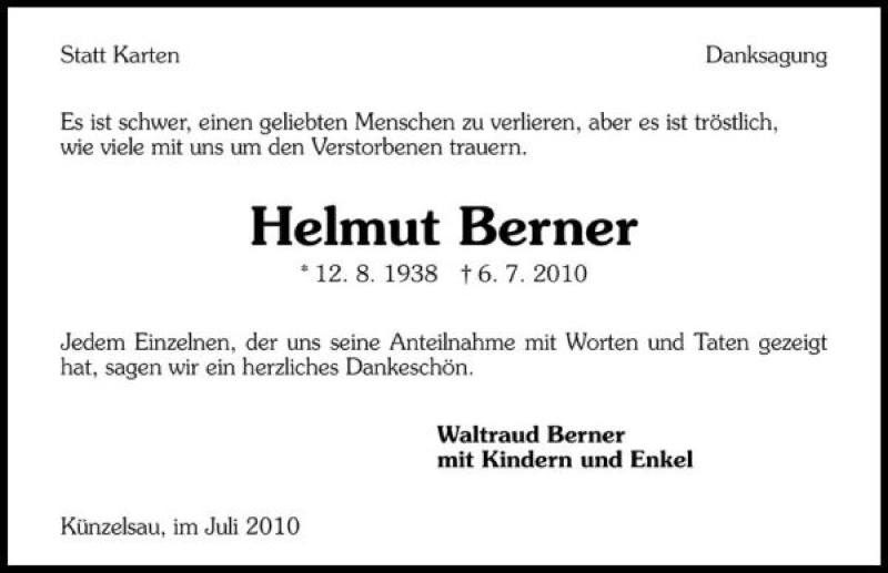  Traueranzeige für Helmut Berner vom 23.07.2010 aus 