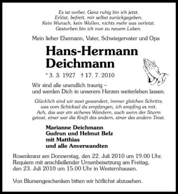 Traueranzeige von Hans-Hermann Deichmann 