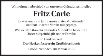 Traueranzeige von Fritz Carle 