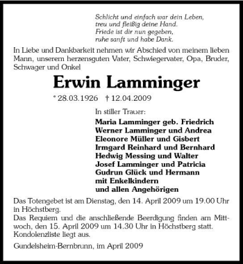 Traueranzeige von Erwin Lamminger 