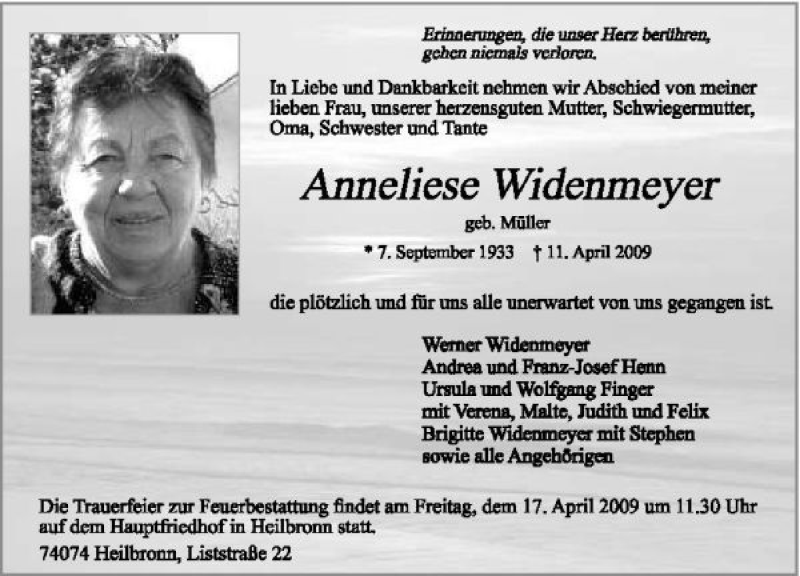 Traueranzeige für Anneliese Widenmeyer vom 15.04.2009 aus 