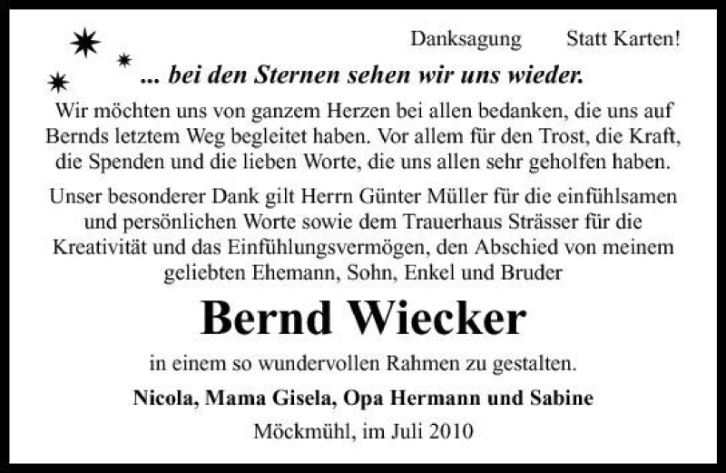  Traueranzeige für Bernd Wiecker vom 02.08.2010 aus 