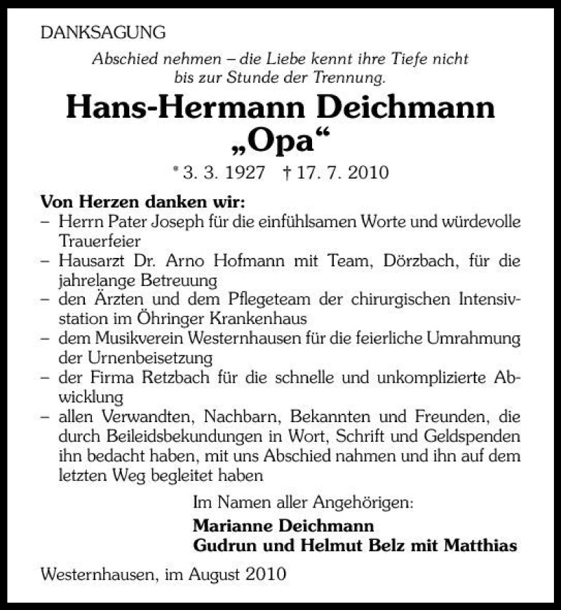  Traueranzeige für Hans-Hermann Deichmann vom 05.08.2010 aus 