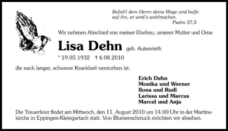  Traueranzeige für Dehn Lisa vom 07.08.2010 aus 