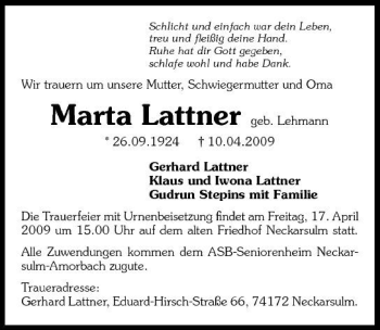 Traueranzeige von Marta Lattner 