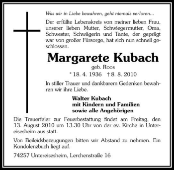 Traueranzeige von Margarete Kubach 