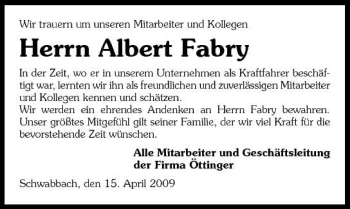 Traueranzeige von Albert Fabry 