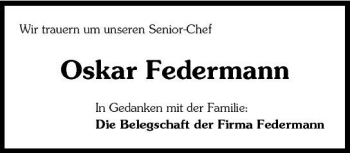 Traueranzeige von Oskar Federmann 