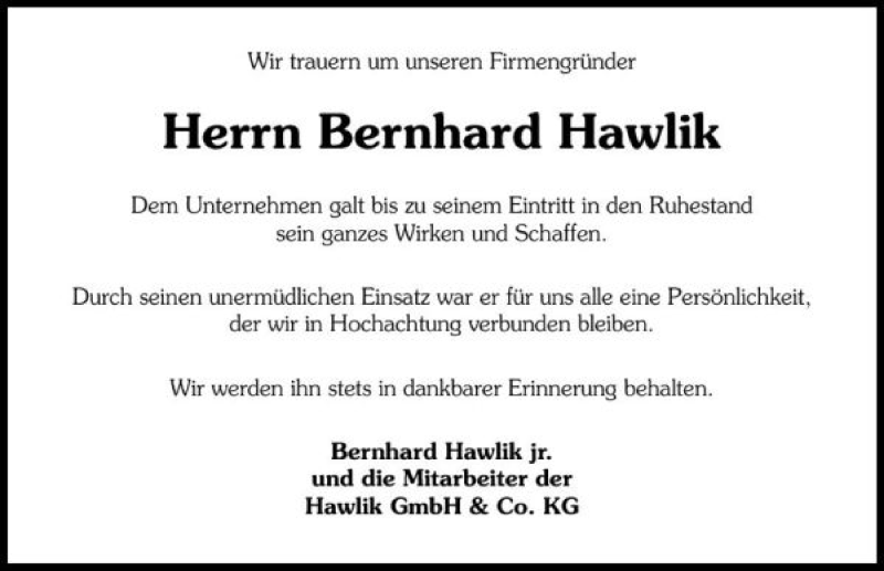  Traueranzeige für Bernhard Hawlik vom 13.08.2010 aus 