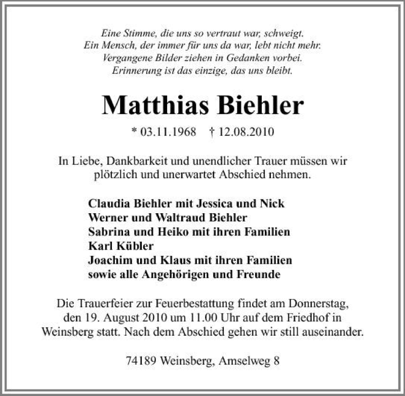  Traueranzeige für Matthias Biehler vom 16.08.2010 aus 