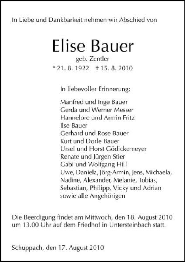  Traueranzeige für Elise Bauer vom 17.08.2010 aus 