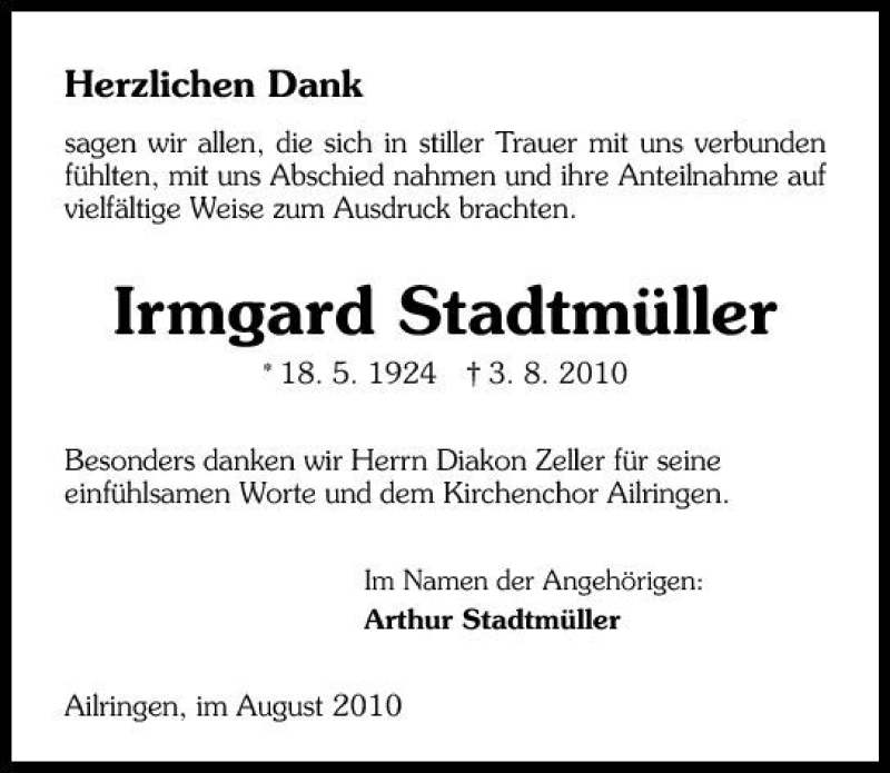  Traueranzeige für Irmgard Stadtmüller vom 28.08.2010 aus 