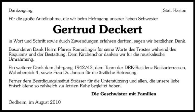  Traueranzeige für Gertrud Deckert vom 28.08.2010 aus 