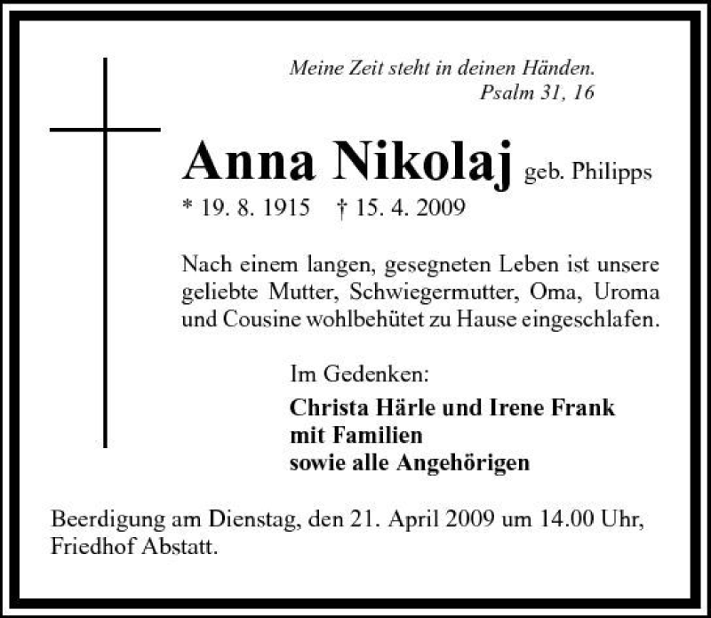  Traueranzeige für Anna Nikolaj vom 18.04.2009 aus 