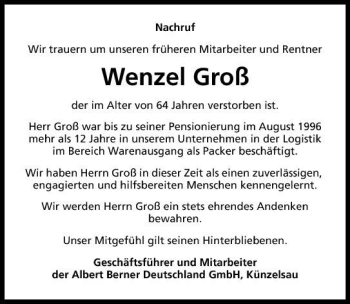 Traueranzeige von Wenzel Groß 