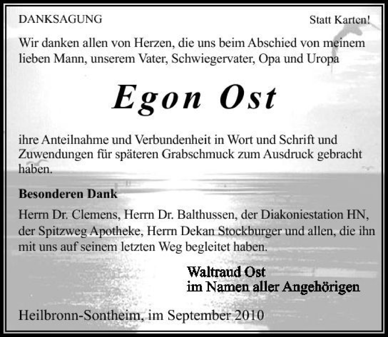  Traueranzeige für Egon Ost vom 10.09.2010 aus 