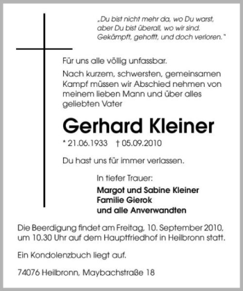 Traueranzeige von Gerhard Kleiner 