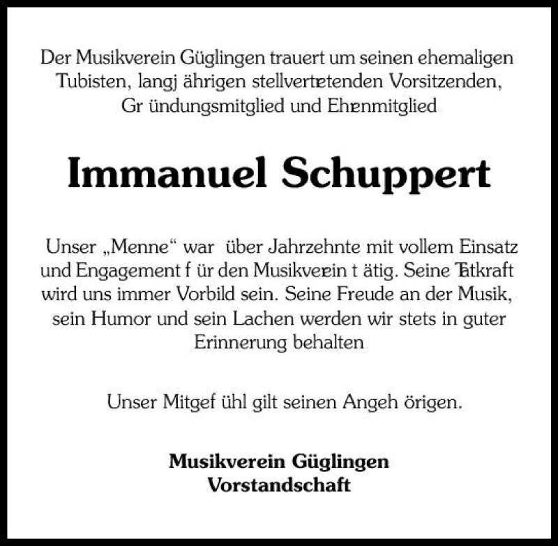  Traueranzeige für Immanuel Schuppert vom 11.09.2010 aus 