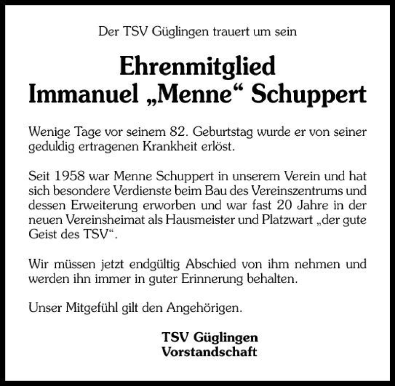  Traueranzeige für Immanuel Schuppert vom 11.09.2010 aus 