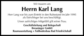 Traueranzeige von Karl Lang 