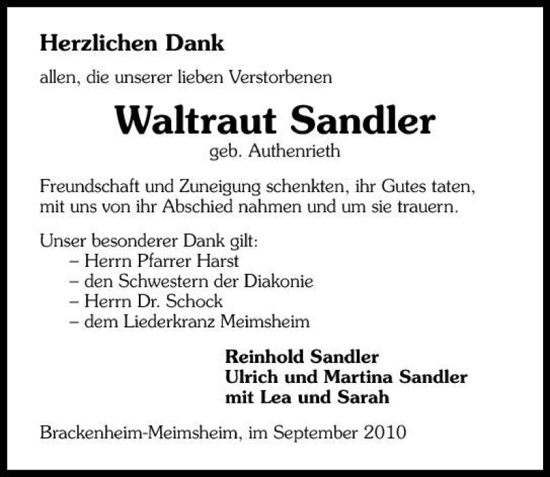  Traueranzeige für Waltraud Sandler vom 30.09.2010 aus 