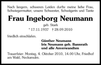 Traueranzeige von Ingeborg Neumann 