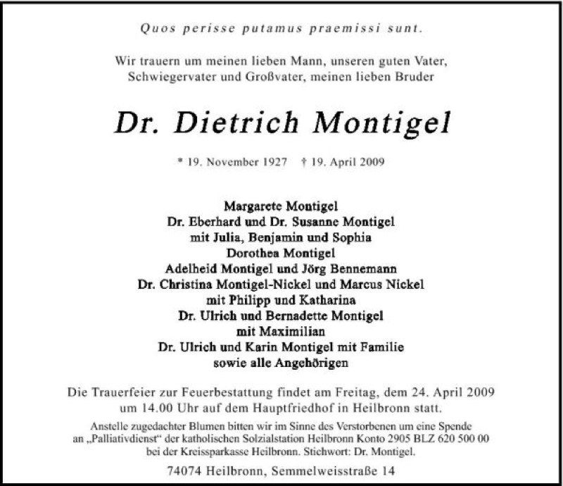  Traueranzeige für Dr. Dietrich Montigel vom 21.04.2009 aus 