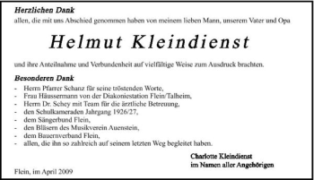 Traueranzeige von Helmut Kleindienst 