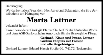Traueranzeige von Marta Lattner 