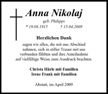 Traueranzeige von Anna Nikolaj 