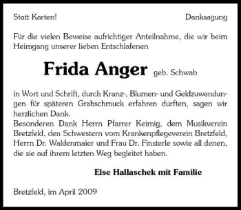 Traueranzeige von Frida Anger 