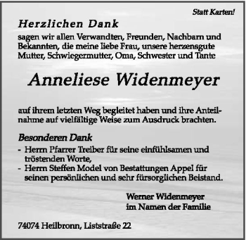Traueranzeige von Anneliese Widenmeyer 