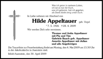 Traueranzeige von Hilde Appeltauer 