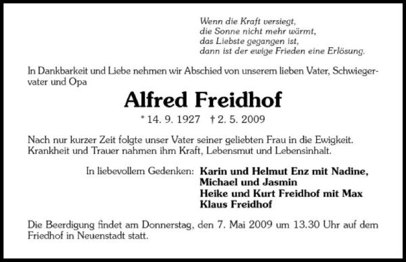  Traueranzeige für Alfred Freidhof vom 04.05.2009 aus 