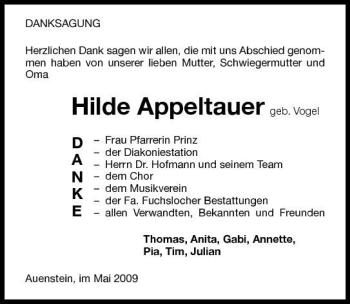 Traueranzeige von Hilde Appeltauer 
