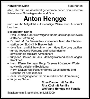 Traueranzeige von Anton Hengge 
