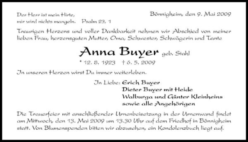  Traueranzeige für Anna Buyer vom 09.05.2009 aus 