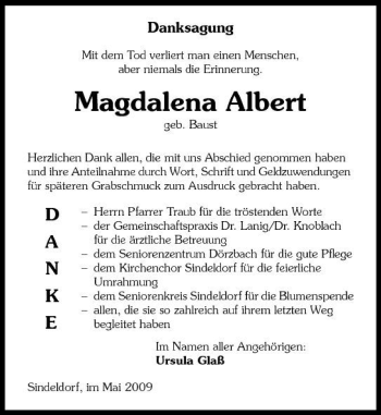 Traueranzeige von Magdalena Albert 