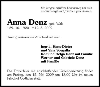 Traueranzeige von Anna Denz 