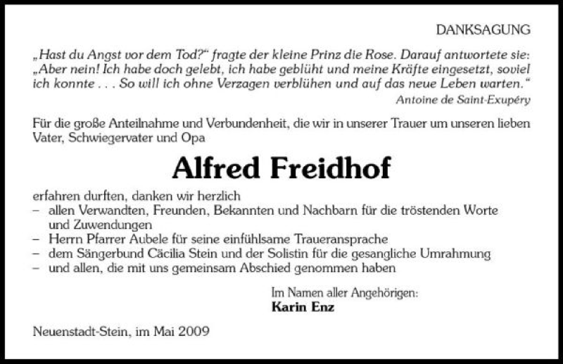  Traueranzeige für Alfred Freidhof vom 15.05.2009 aus 