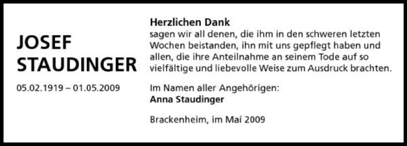  Traueranzeige für Josef Staudinger vom 16.05.2009 aus 