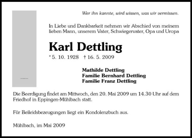  Traueranzeige für Karl Dettling vom 19.05.2009 aus 