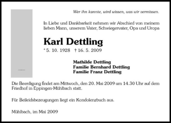 Traueranzeige von Karl Dettling 