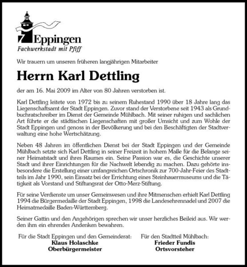  Traueranzeige für Karl Dettling vom 19.05.2009 aus 